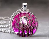 Trees under Hot Pink Sky and Moon - 1 inch Round Altered Art Pendant - no. 084-5