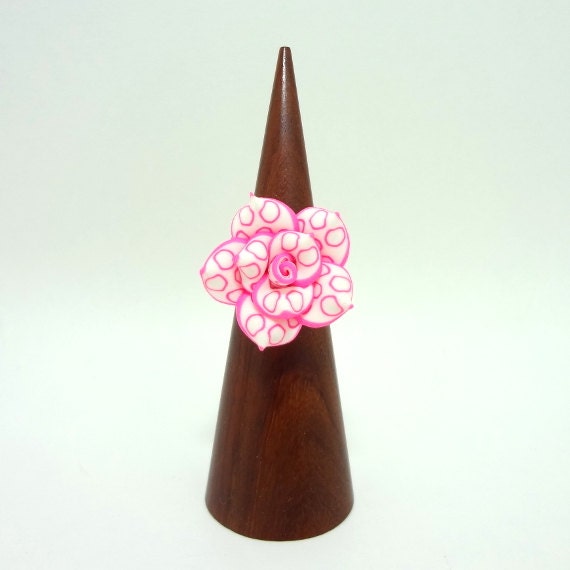 Flower Ring, Medium and Adjustable, White and Hot Pink Handmade Clay Flower on Brass Filigree Base