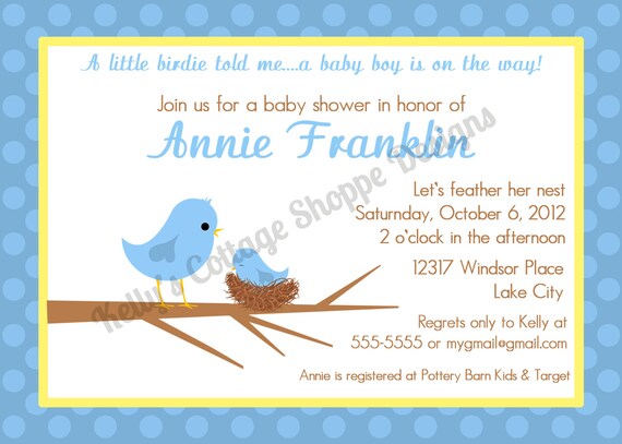 Little Birdie Baby Shower Invitation- Blue.... Custom, Printable, Digital Il_570xn