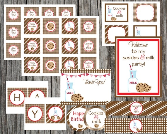 DIY Printable Cookies and Milk Birthday Party Package. Digital You Print Party Package. Cookies and Milk Themed Party. Il_570xn