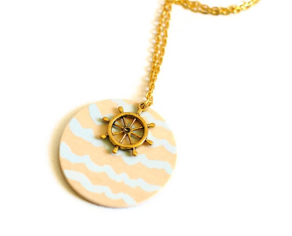 hand painted nautical illustrated waves wood necklace - gold ship wheel charm
