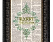 HAPPY HOLIDAYS ORNAMENT Art Print in Green, Christmas Wall Decor, dictionary art print, 8x10, on vintage dictionary page