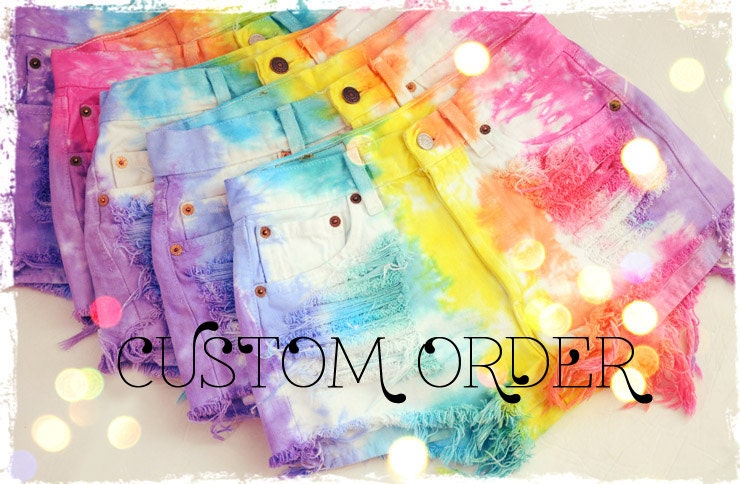 CUSTOM MADE Vintage Levis RAINBOW Tie Dyed Denim High Waist Cut off Shorts