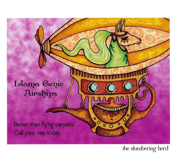 Llama Genie Lamp Airship Art Print 8 x 10 Whimsical Illustration