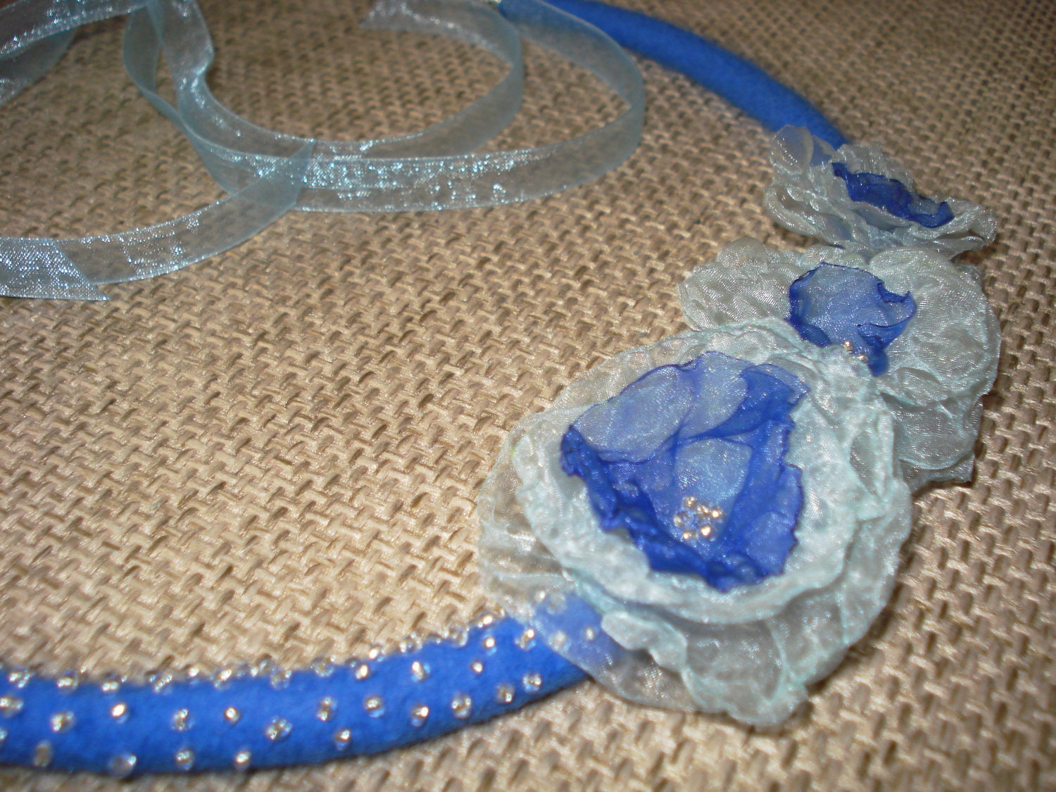 Wool Felt Necklace Collar Choker Lariat with Organza Flowers Eco OOAK Spring Summer Fashion Jewelry Mother's Day gift, Wedding Jewelry