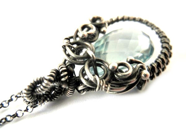 Silver Precious Necklace for elegant woman with natural stone - swiss blue Topaz, set with the sterling silver chain, ooak.