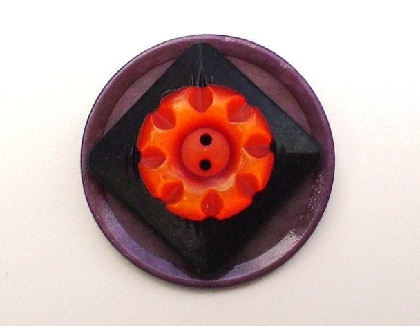 Vintage Button Pin/Pendant: Orange Flower Purple and Black Vintage Button Jewelry