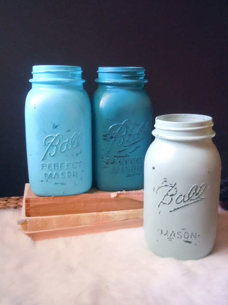 hand crafted cottage shabby OCEAN qt JARS vases memento keepers by Lisa Rice SET of 3 ready to ship