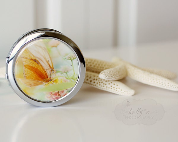 Photo Mirror Compact- "Friends on a Flower", Butterflies on Lantana, Nature Photograph, 3" Double Sided Mirror- Engravable Gift Item