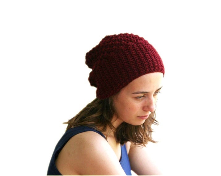 Burgundy Slouchy Hat - Knitted Chunky Beanie - Fall Winter Fashion - Women Teens Accessories - Christmas Gift for Her