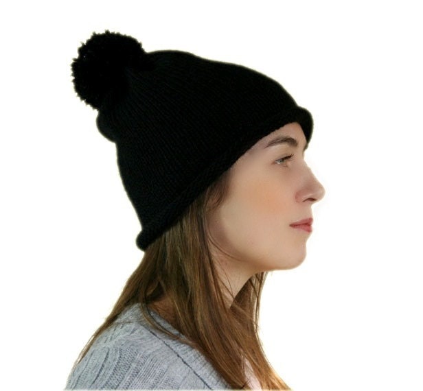 Pom Pom Knit Hat in Black - Slouchy Beanie - Fall Winter Fashion -  Chunky Beret - Women Teens Accessories