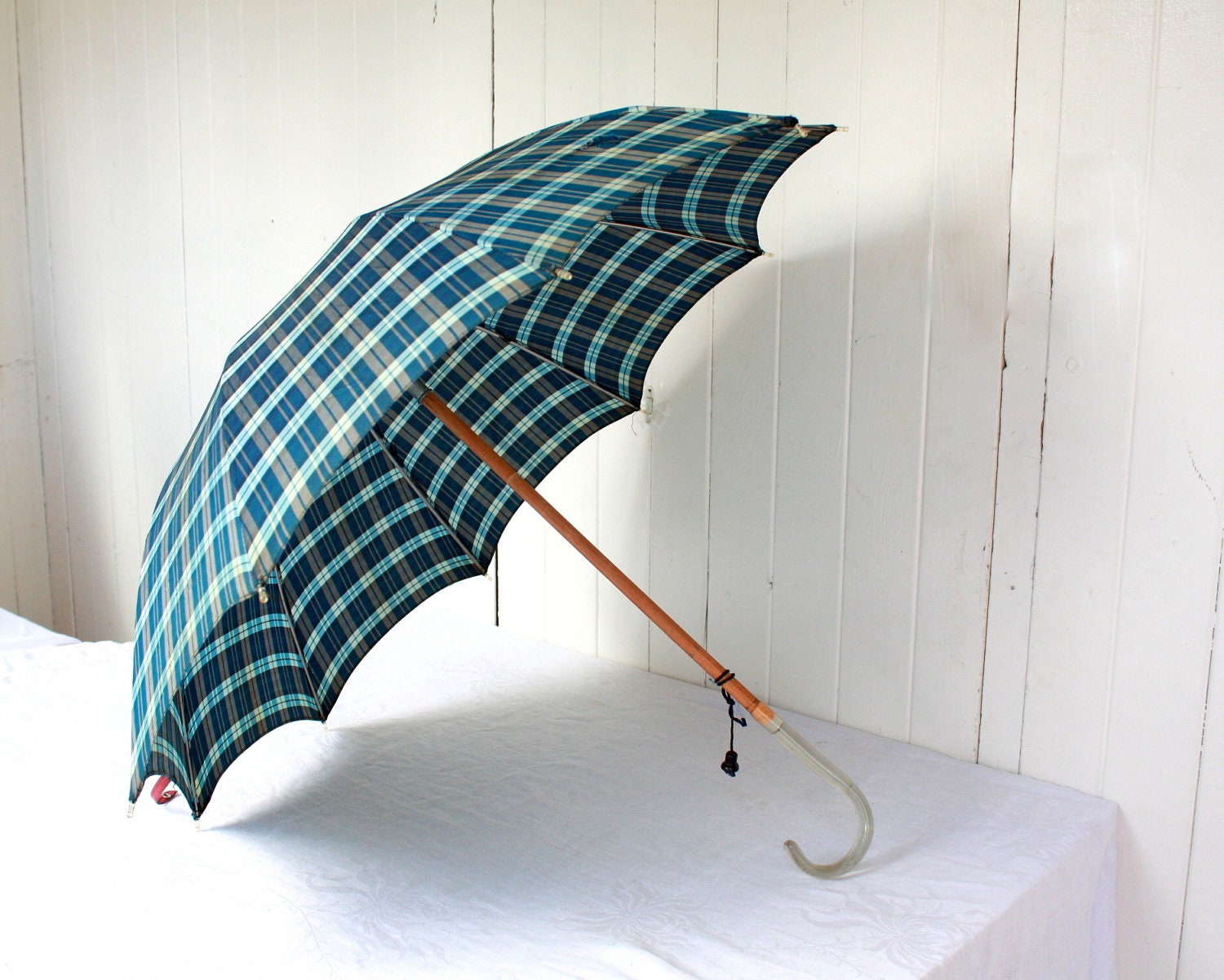 Vintage Umbrella with Lucite Handle, Blue Plaid Umbrella, Vintage Accessories, Fall, Winter - SummerHolidayVintage