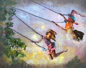 Girls on swings, kids playing, print from original artwork, "Swing Life Away", 11x14 print, Nicole Roggeman, limited edition, summer fun