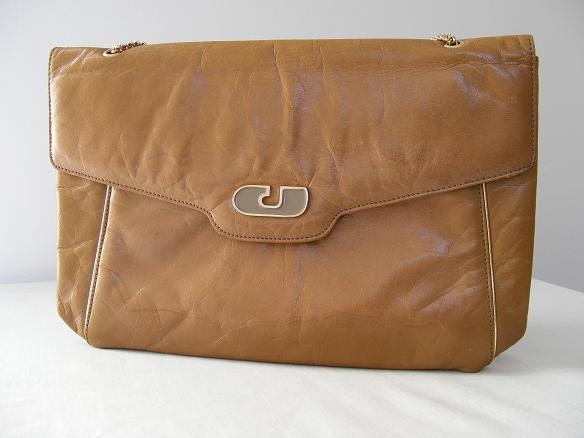 Charles Jourdan Tan Leather Bag Purse With Chain Shoulder Bag Handbag 1970s Vintage