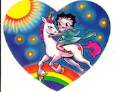 Rare Vintage Lisa Frank Betty Boop Rainbow Unicorn Heart Shaped Sticker 80's