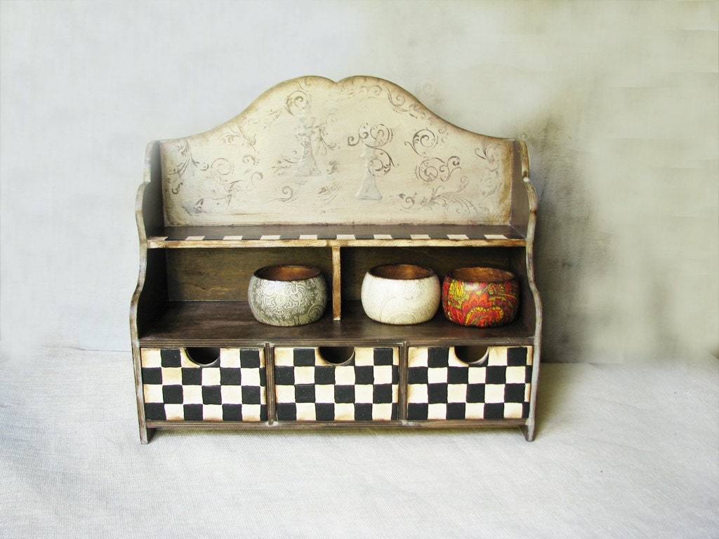 Container French Roast  Rustic farmhouse vintage style monohrome black and offwhite ivory shelf with three drawers