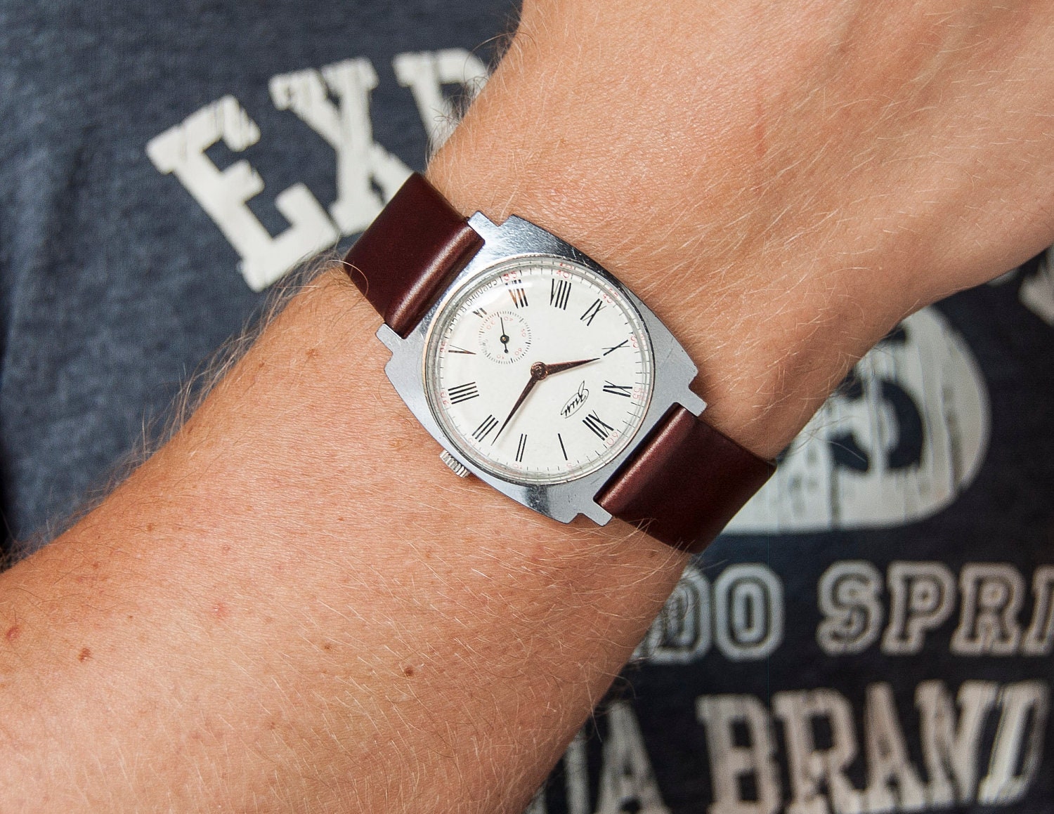Soviet men's wrist watch ZIM, silver, coffee brown mechanical watch