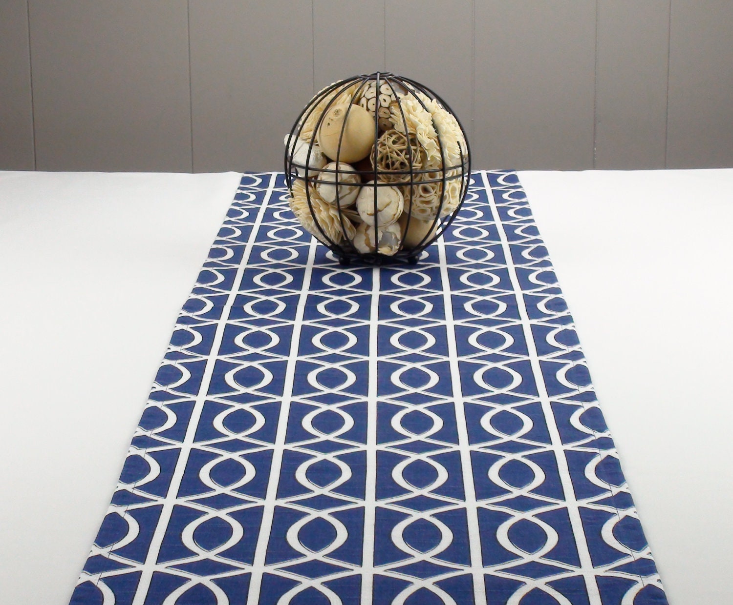 Modern Navy Blue Table Runner, White Table Runner, Blue Tablecloth - Blue Color, White Color  120 inch long