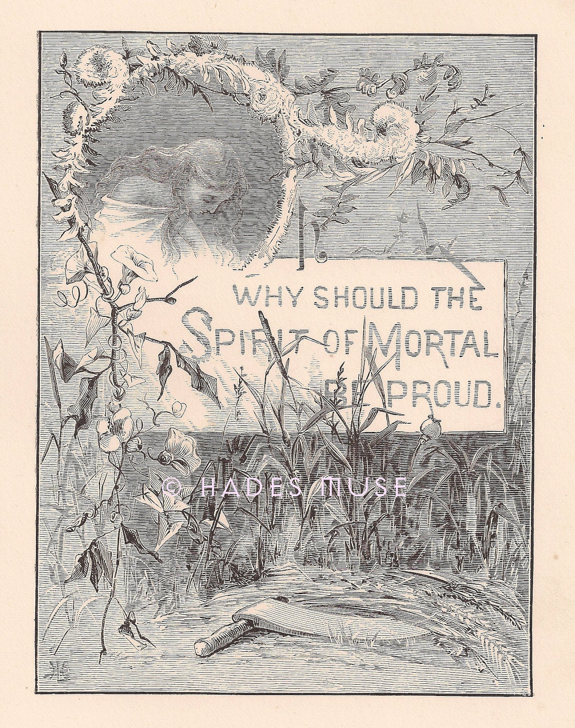 Spirit Of Mortal Be Proud-Death-Grief-Mourning-Ghost Maiden-Victorian Hymn-Poem-Poetry-1800's Antique Vintage Art Print-Gothic