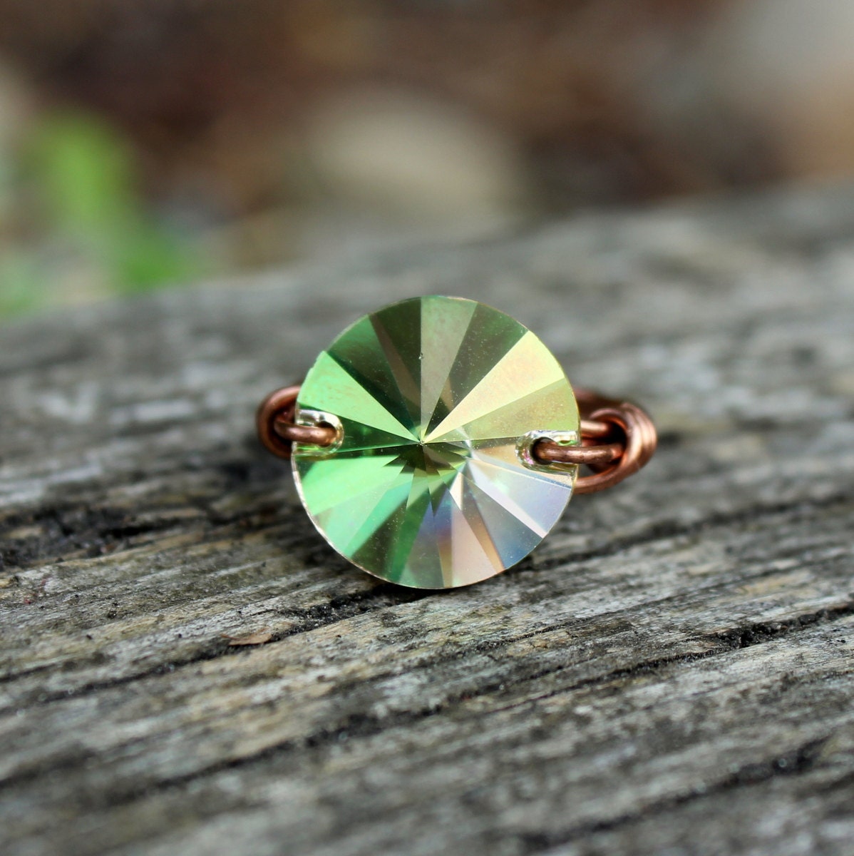 Mint Green Ring - Wire Wrapped Green Swarovski crystal - Sparkly with bright copper - size 6