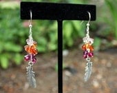Silver Feather Earrings -  Casual Earrings in Red, oranges, and purple Swarovski crystals