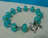 Blue Green Glass and Silver Bracelet with Tiny Seashell Charm, One of a Kind