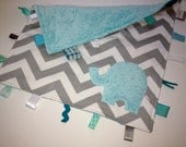 Elephant Chevron taggie blanket - Baby tag Lovey Security Sensory Ribbon Stroller Travel Minky