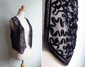 Vintage 80's Black Lace Squiggle Ribbon Vest XS S or M