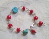 Red Coral, Turquoise and Silver Bracelet, Handmade Chain Links, Sterling Silver, Wire Wrapped, adjustable, Sundance Style