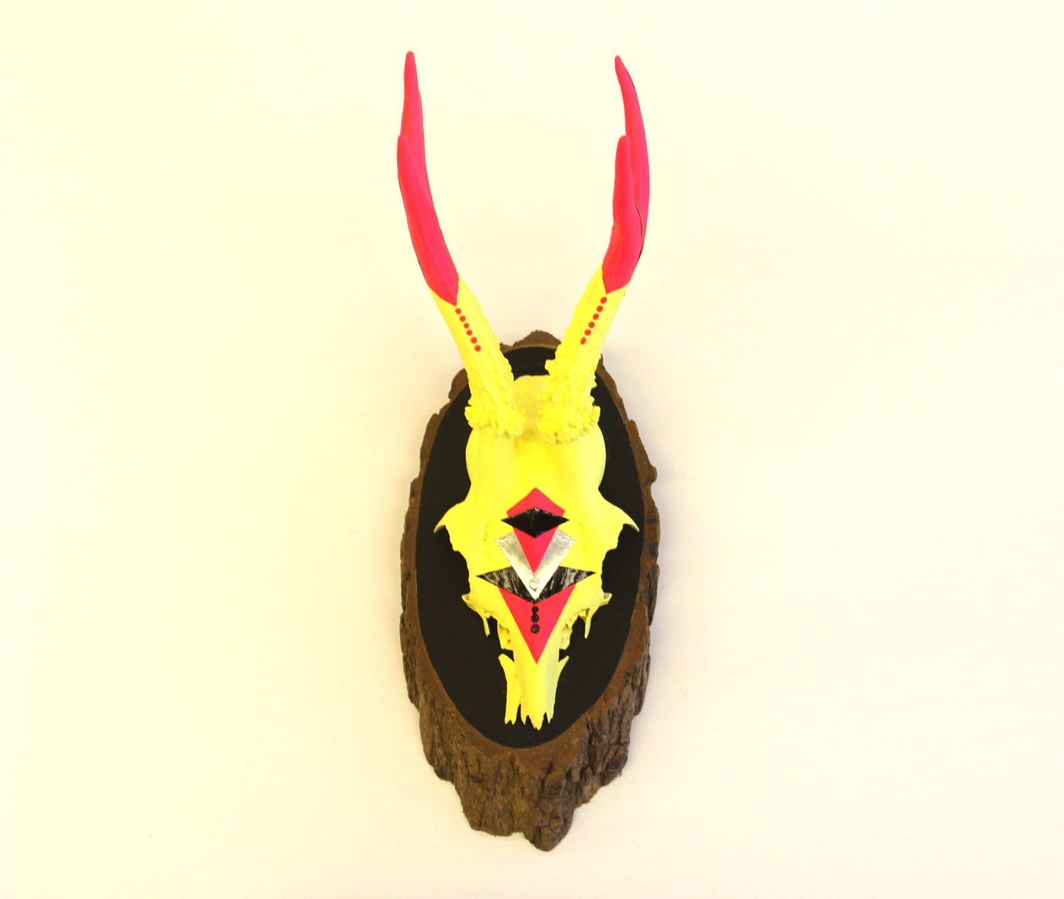 NEON YELLOW & PINK, black, silver bright asymmetric geometric aztec navajo arrow painted deer skull and antlers - xmas wall art decor gift