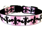Pink and Black Dog Collar Fleur De Lis