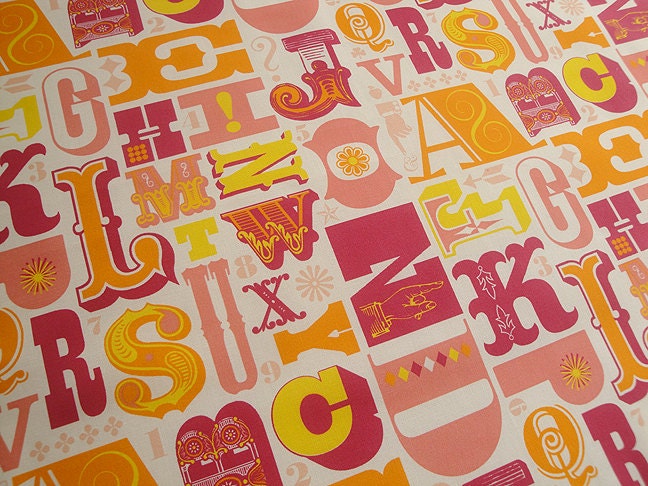Original Fabric, Woodtype Alphabet, Fat Quarter, Robert Kaufman Kona Cotton, Pink, Orange, Yellow