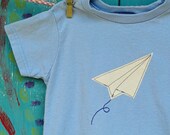 Paper Airplane Tshirt, Appliqued Plane with Embroidery, Short Sleeve Light Blue Shirt, Sizes 2t, 4t, 7, MADE-TO-ORDER