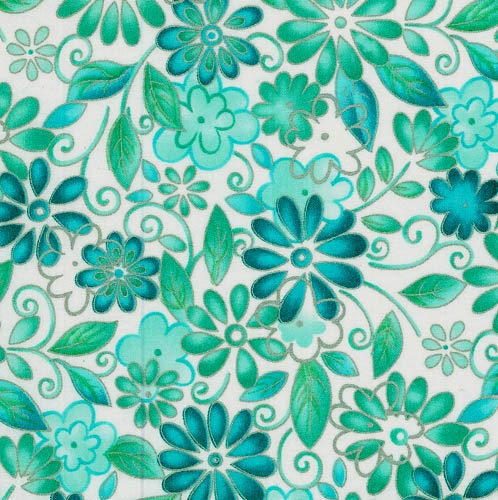 Blank Quilting Ovarian Cancer Teal blue flower fabric with metallic gold accents