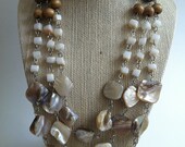 Natural Shell and Wooden Bead Triple Strand Necklace