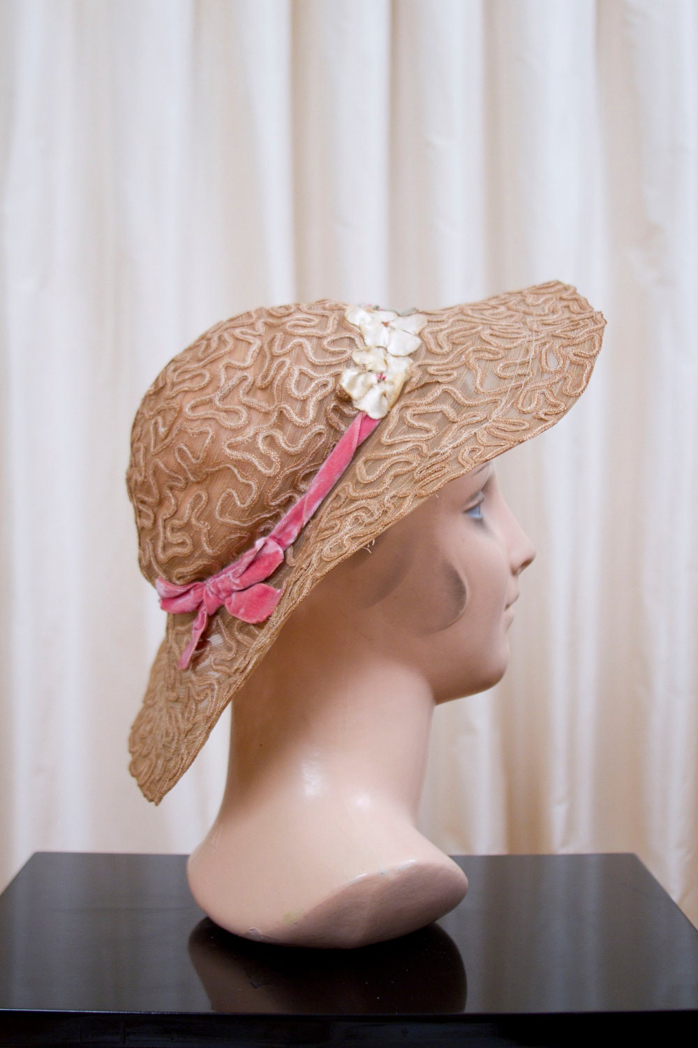 1930's Wide Brim Horsehair Hat with Ribbon Soutache Trim and Flowers