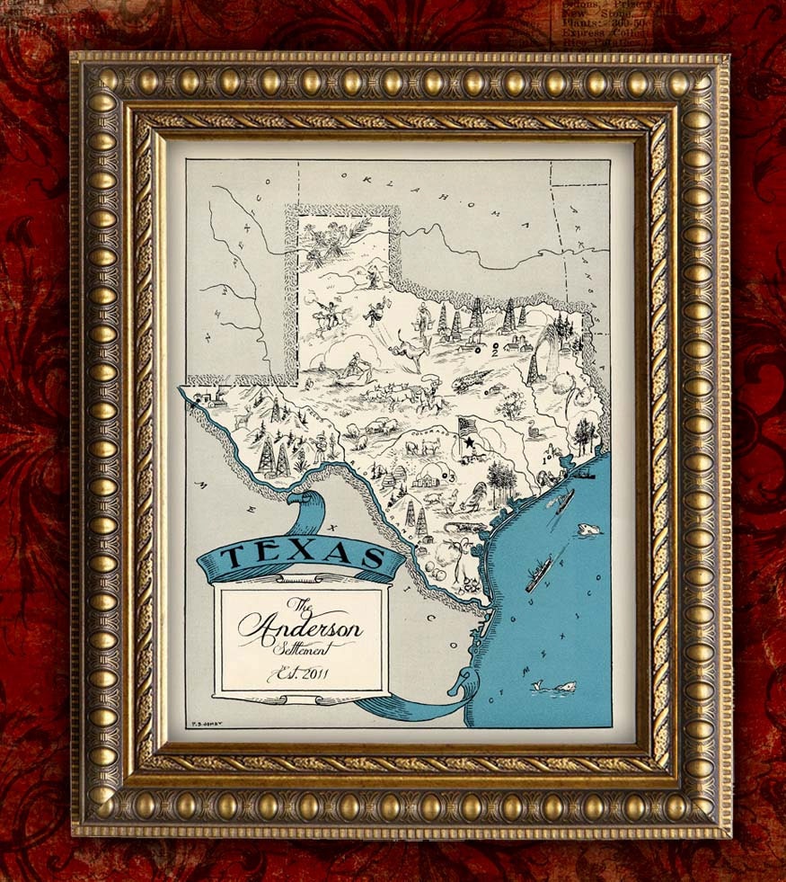 Custom MAP Art Print TEXAS Vintage Retro Personalized Map Wedding Housewarming Gift Home Decor Wall Decor 8x10 All States Available