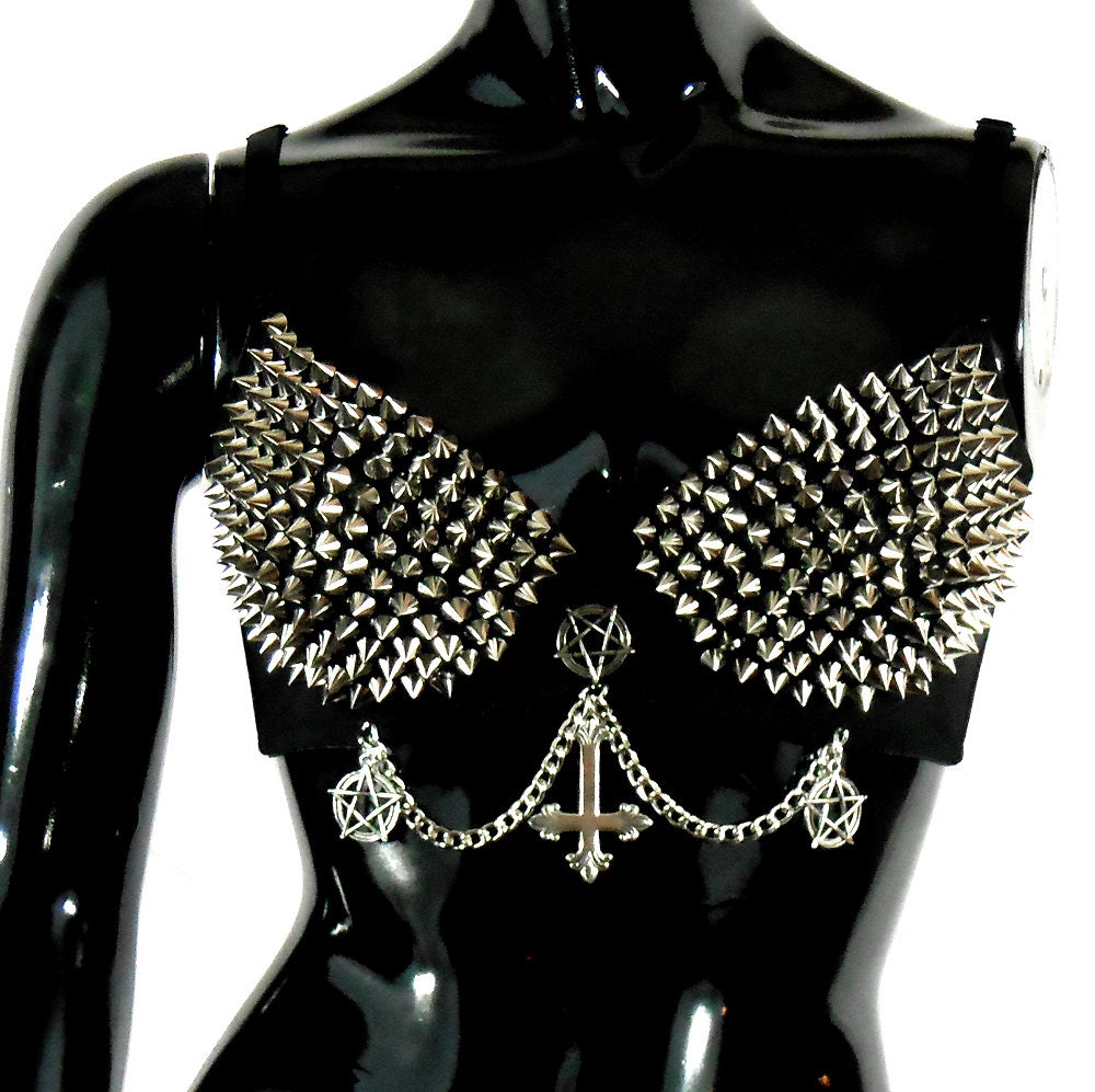 Black Pentagram Spike Stud Inverted Cross Chain Nightlife Bra