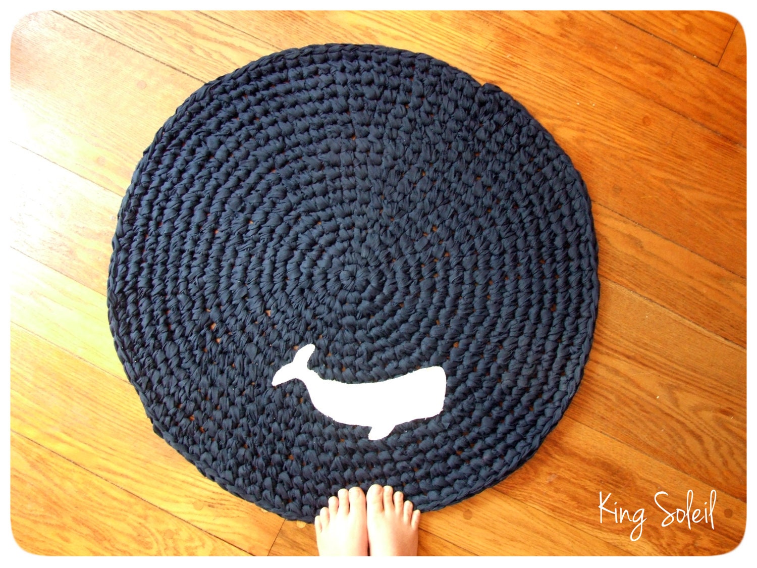 Crochet Whale Rug Nautical Navy Blue with White Applique Whale Silhouette Custom Design Cotton Round Rug
