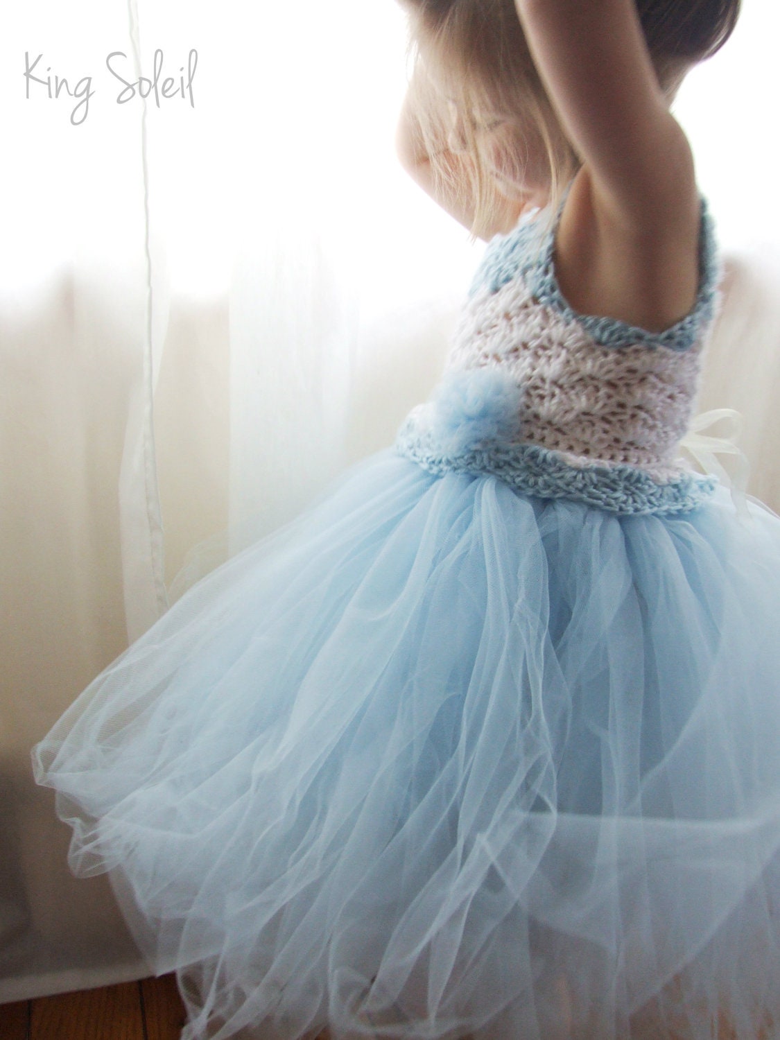 Flower Girl Dress Tulle Tutu Crochet Bodice Vintage Inspired Baby Blue and White Infant to Toddler size 3
