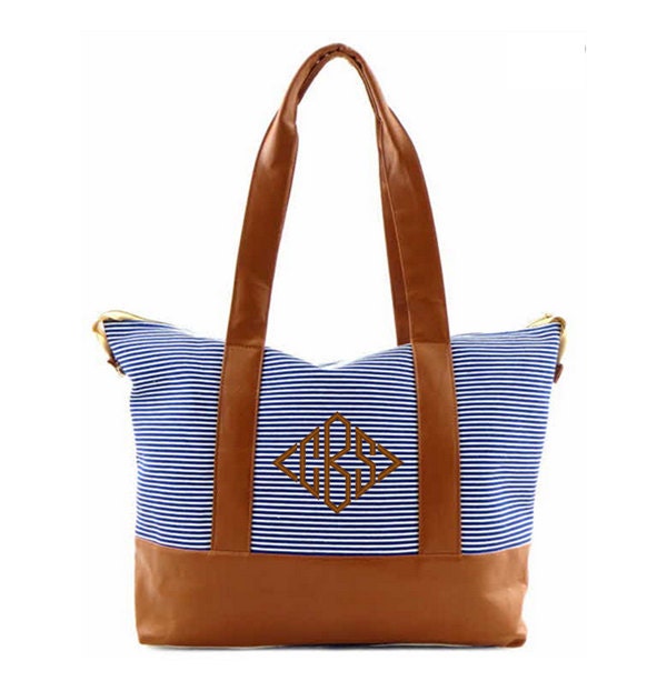 Faux Leather Blue With White Striped Canvas Double Handle 19 Inch Tote With Optional Personalization