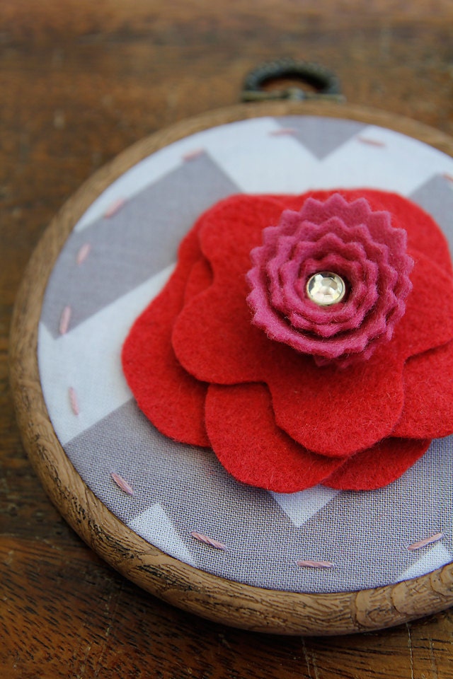Embroidery Hoop Art. Layered Felt Flower on Chevron Fabric. Children Decor by Catshy Crafts