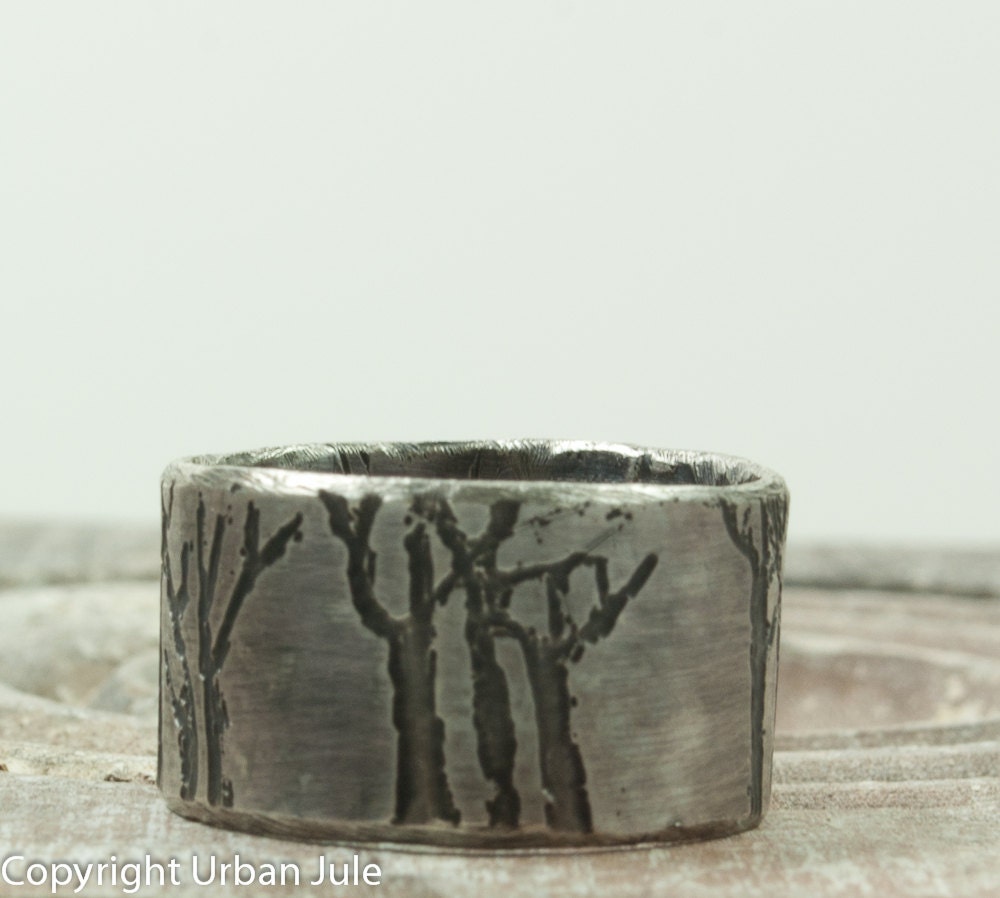 Tree Ring Sterling Silver Ring Etched Trees Unisex Rustic Tree Ring Promise Ring for HIm