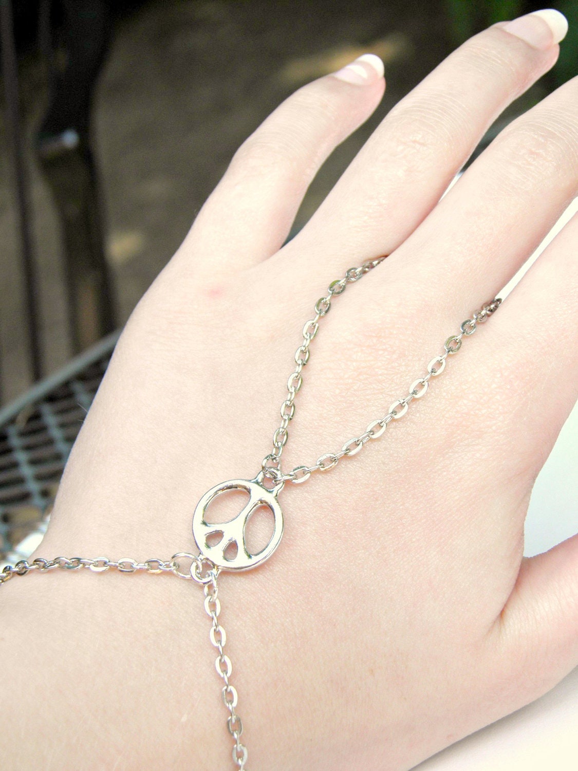 Peace Sign Silver Slave Bracelet Ring Hippie Charm Ring Bracelet Hand Harness