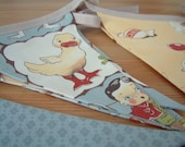 Banner, retro, vintage design Moda Lil' Rascals. Bunting. 4 yds plus ties. Blue, tan, yellow. Ready to ship. Matching quilt available.