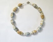 Paper Bead Necklace, Vintage Wallpaper, Orange, Light Blue, Plaid, Paper Bead Jewelry
