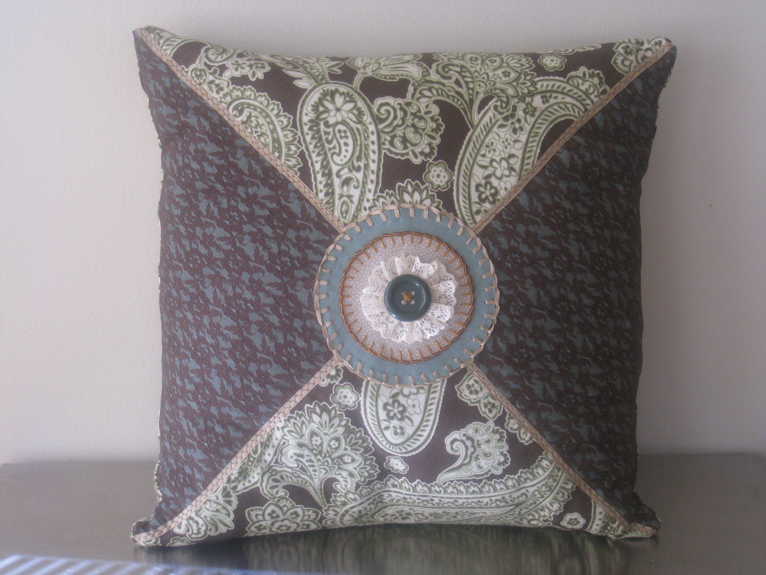 Green Center Button Throw Pillow Cover 18"x18", Brown Lace on Green Home Decor Cotton Fabric, Flap Zipper in Back