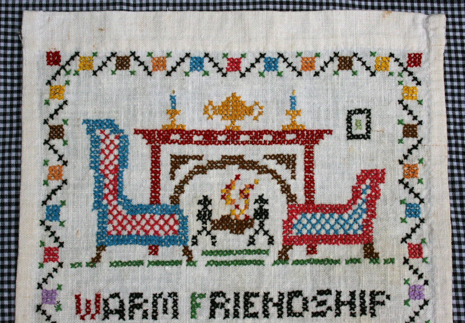 Vintage Embroidered Linen Sampler- Warm Friendship Like The Setting Sun-Chairs by Hearth