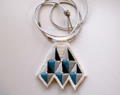 Geometric necklace embroidered grays and blue African inspired modern jewelry diamond