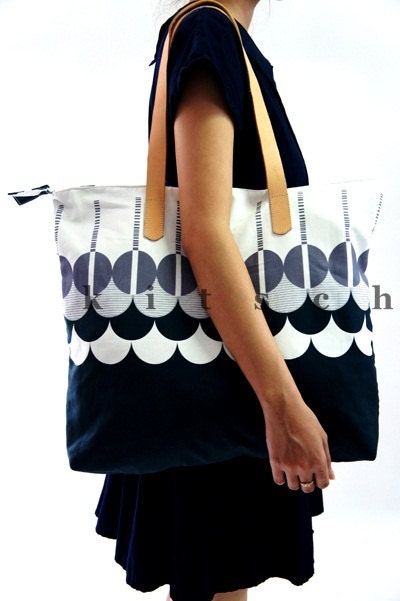 Black Icecream Leather Straps Cotton Canvas Tote